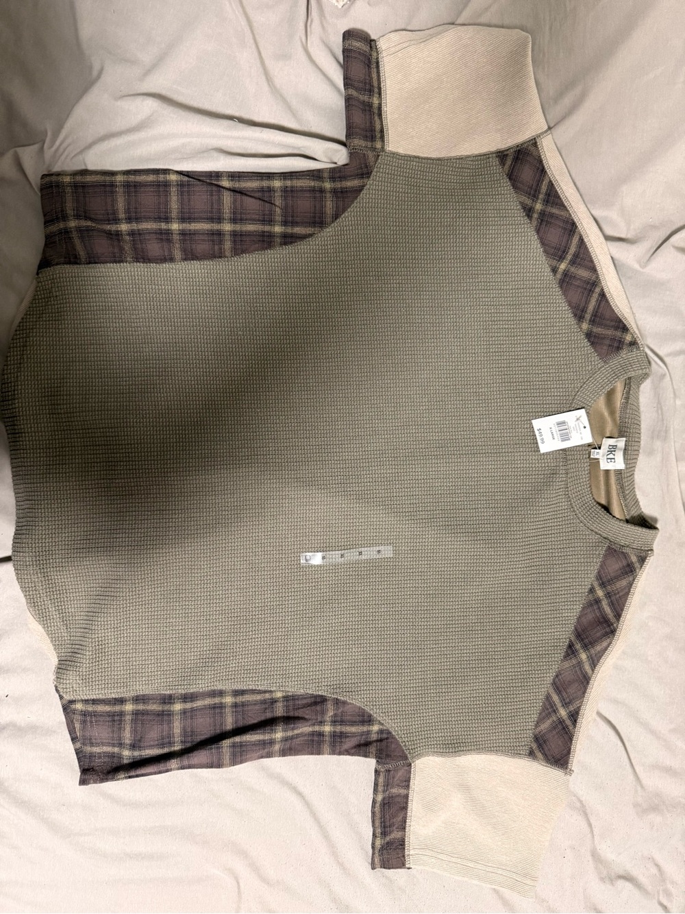 BKE Olive Green Waffle Knit Pullover with Plaid Trim